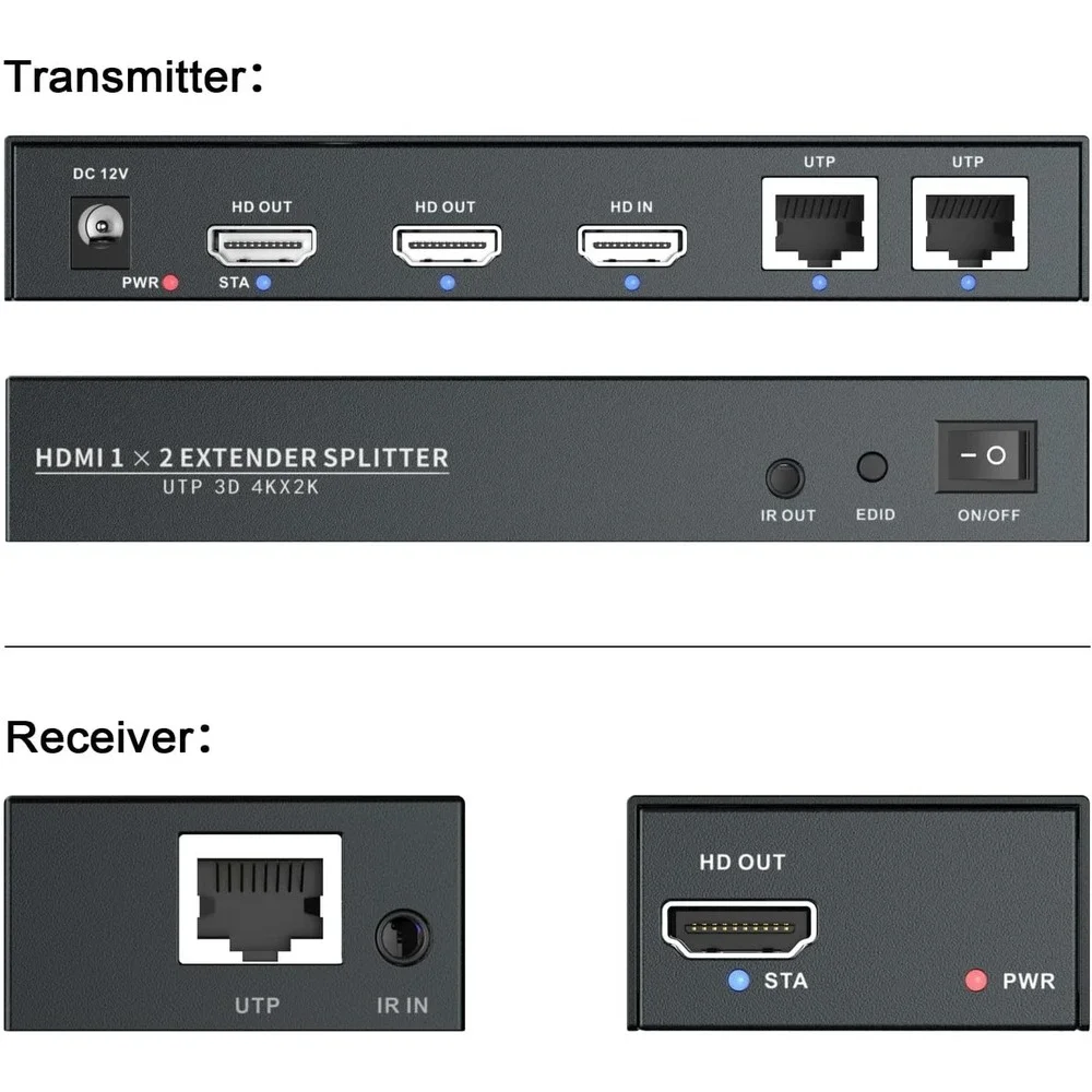 PWAYTEK HDMI Extender 1x2 4K60 Cat6 Splitter 60m IR EDID TX‎ RX Kit